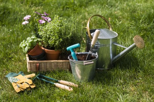 Close-up of gardening tools arranged on a lawn in Sutton